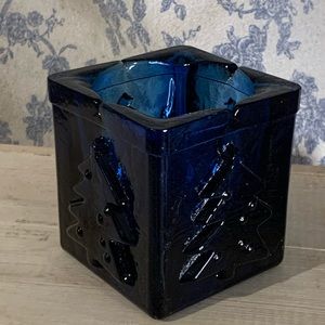 VTG Cobalt Blue Pressed Glass Christmas Tree 3” Square Candle Votive